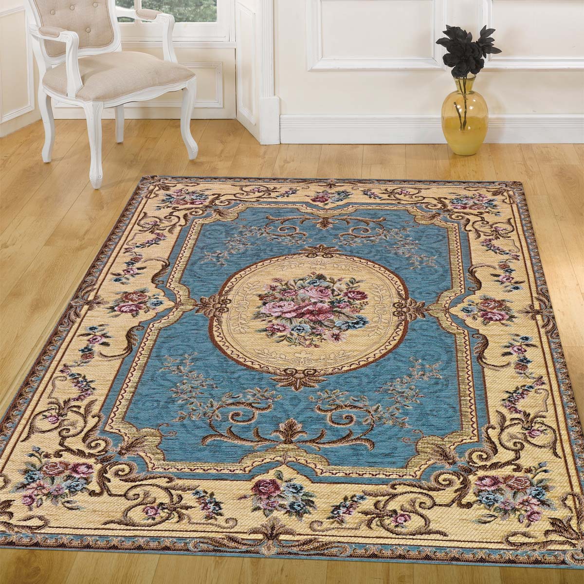 Coppia Tappeti AUBUSSON AZZURRO cm.65x110 in ciniglia multiuso lavabile antiscivolo