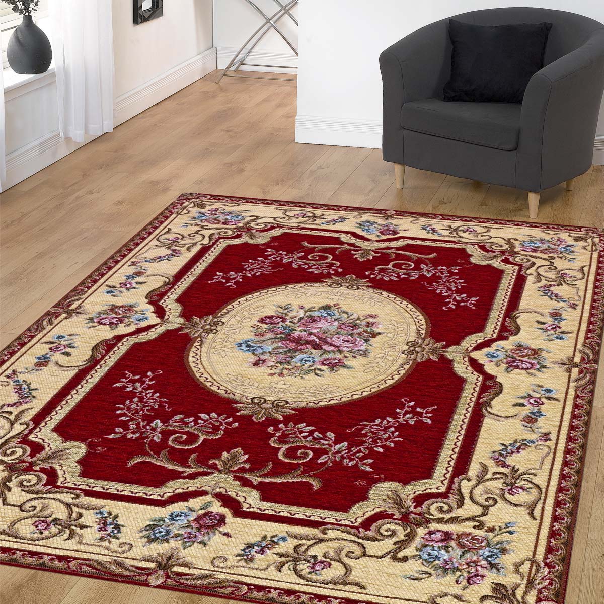 Coppia Tappeti AUBUSSON ROSSO cm.65x110 in ciniglia multiuso lavabile antiscivolo